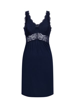 Navy nightdress with lace trim, v-neckline, adjustable straps, and a bow detail. Made from soft, smooth material with a flowing cut.