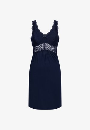 Navy nightdress with lace trim, v-neckline, adjustable straps, and a bow detail. Made from soft, smooth material with a flowing cut.