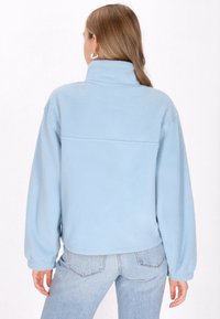 Pullover in pile azzurro chiaro con colletto, spalle cadute e dettagli cuciti lungo il retro. Texture morbida e vestibilità casual.