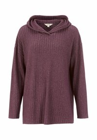 Paarse hoodie met geribbelde structuur, voorzien van een brede halslijn en lange mouwen; ontwerp met relaxte pasvorm.