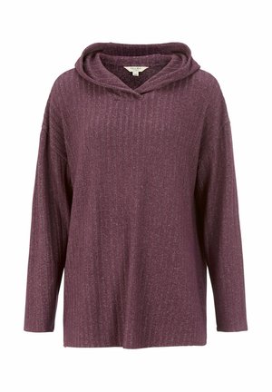 Lilla hættebluse med ribbet tekstur, med bred oliens og lange ærmer; afslappet pasform.