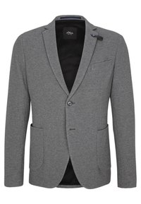 Blazer grigio realizzato in tessuto liscio, con chiusura a un bottone, due tasche frontali e colletto con risvolto. Fodera nera visibile all'interno.