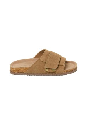 Brown suede slide sandals with a wide strap featuring two snap buttons, cork footbed, and textured rubber outsole for grip.