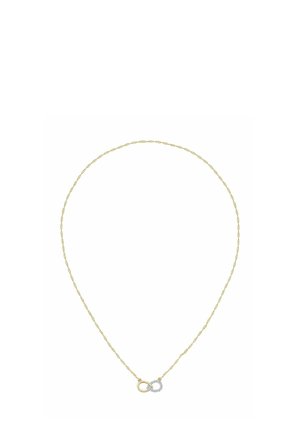 Guldtonet kædehalskæde med et uendelighedssymbol med en sølvaccent, delikat design og teksturerede led.