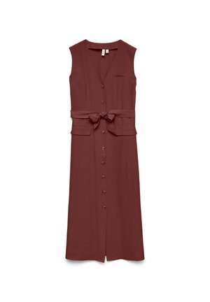 Robe midi sans manches couleur rouille avec boutons frontaux, encolure en V, ceinture à nouer à la taille, poches à rabat et petite poche poitrine.