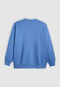 Blue sweatshirt with long sleeves, round neck, ribbed cuffs, and hem. Smooth texture, solid color with no patterns. Back view shown.