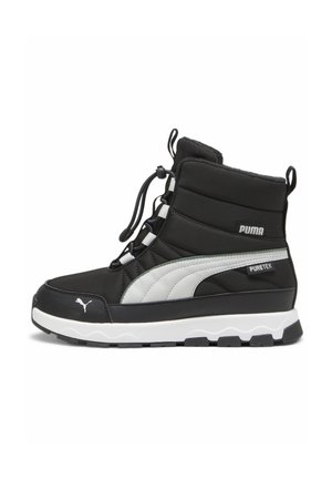 Black and gray mid-top sneakers with quilted texture, featuring a rubber sole, lace-up design, and "PURETEX" branding on the side.