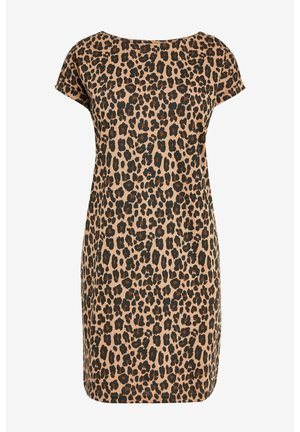 Kortærmet kjole til knæet med tan baggrund og sort/brun leopardprint, simpel rund halsudskæring.