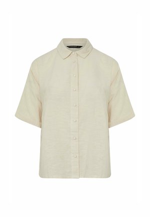 Kortærmet, button-up skjorte i lys beige hør med en struktureret krave og subtile teksturer, der har frontknapper og en afslappet pasform.