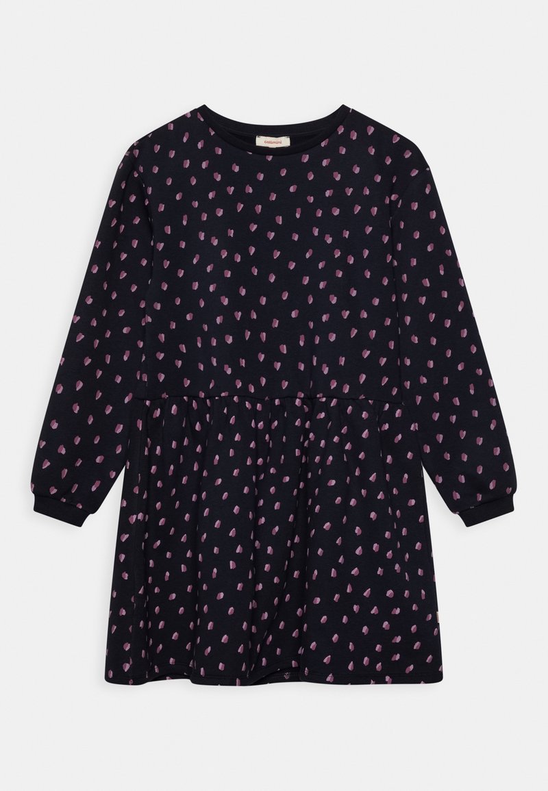 Robe bleu marine à manches longues avec motif de points roses irréguliers et taille froncée, conçue pour les enfants.