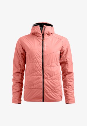 Pink insulated jacket with a hood, featuring a diagonal quilted design, black zipper, and logo detail. Smooth texture, lightweight material.