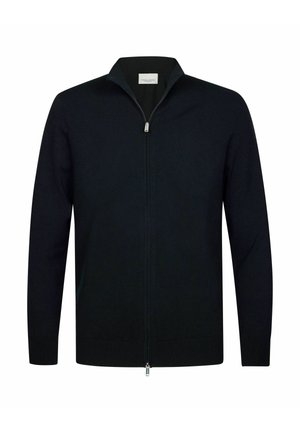 Schwarzer Reißverschluss-Pullover mit Stehkragen aus glattem Strickmaterial. Verfügt über lange Ärmel und gerippte Bündchen.