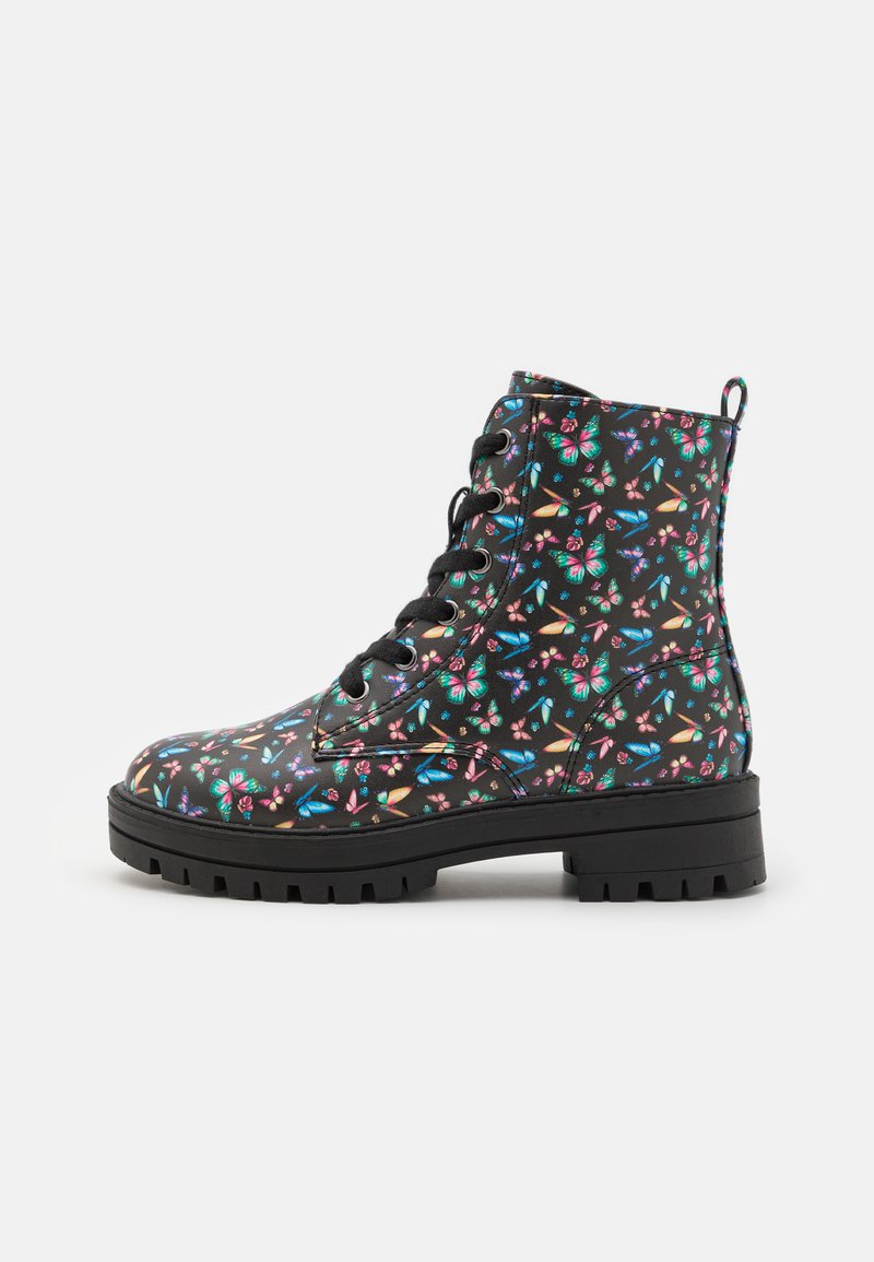 Black ankle boots with colorful butterfly and flower pattern, lace-up design, rubber sole, and textured surface.