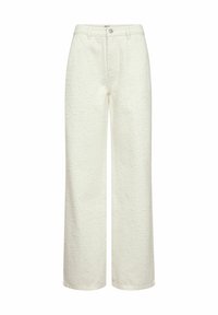 Pantaloni a gamba larga in tessuto testurizzato di colore bianco sporco. Presentano una chiusura a bottone, passanti per cintura e una vita alta per un look strutturato.