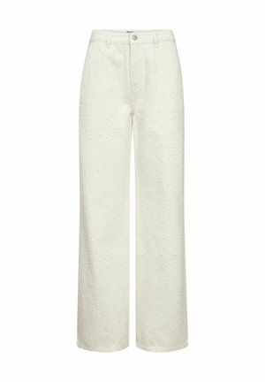 Wide-leg trousers in textured, off-white fabric. Features a button closure, belt loops, and a high waist for a structured look.