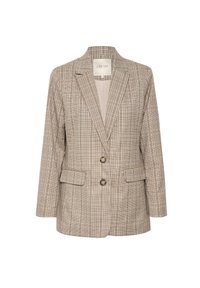 Kostkovaný blazer v béžových a hnědých tónech, s klopovým límcem, dvěma předními kapsami a dvěma kovovými knoflíky vpředu.