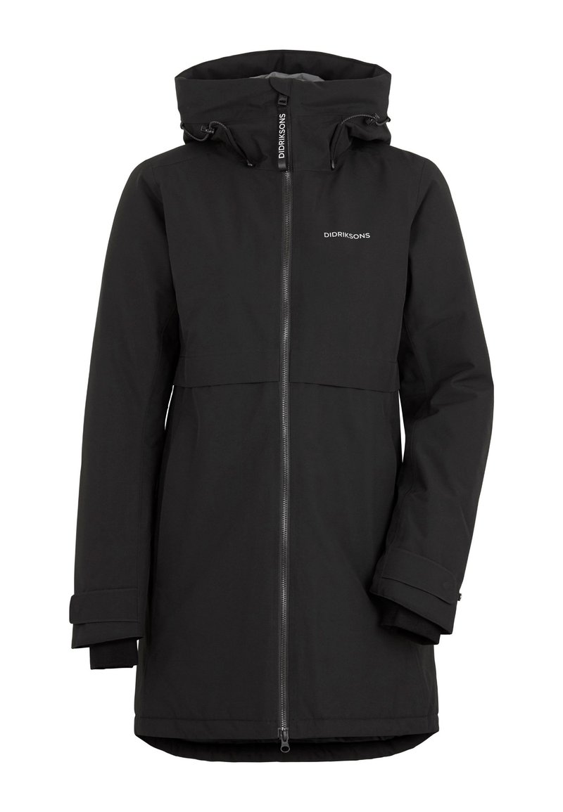 Black waterproof parka jacket with a hood, long sleeves, front zipper, and adjustable cuffs; features a logo on the chest.