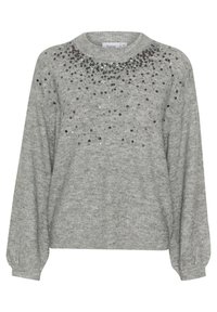 Maglione grigio in maglia con maniche lunghe e scollo rotondo. Decorato con paillettes nella zona del petto. Texture morbida e vestibilità rilassata.