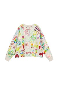 Kreminė sportinė palaidinė su ilgomis rankovėmis, puošta spalvingu, žaismingu tekstu ir dizainais, įskaitant širdeles ir gėles, įvairiais šriftais ir spalvomis.