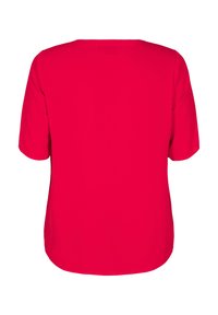 Top rosso a maniche corte con scollatura tonda. Tessuto liscio, taglio dritto e orlo curvo sul fondo, senza motivi o decorazioni visibili.