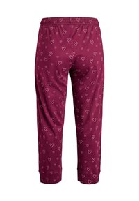 Viininpunaiset lyhyet housut, joissa on joustava vyötärönauhainen ja toistuva valkoinen sydänkuvio, valmistettu pehmeästä, kevyestä kankaasta.