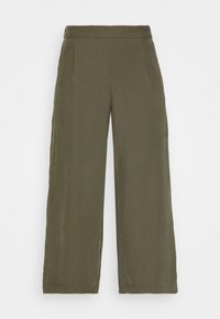 Olive green high-waist wide-leg pants with plain front and smooth fabric texture against a white background.