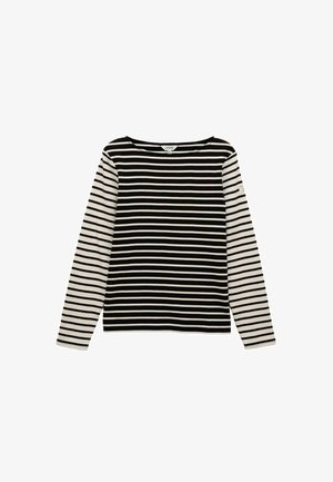 Melna un baltā svītrainā krekla ar garām piedurknēm, ar kontrastējošu piedurkņu rakstu, apaļu dekoltē un nelielu zīmola sewn uzlīmi uz kreisā roka.