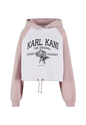 Weißer Crop-Hoodie mit rosa Raglanärmeln. Verfügt über einen Kordelzugsaum und bedruckten Grafiken mit einem Adlerdesign.