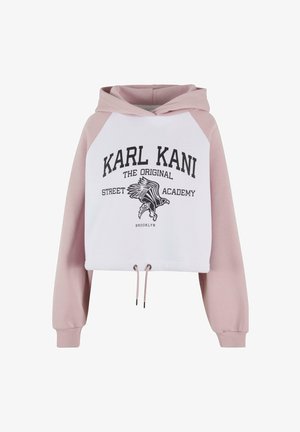 Weißer Crop-Hoodie mit rosa Raglanärmeln. Verfügt über einen Kordelzugsaum und bedruckten Grafiken mit einem Adlerdesign.