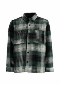 Grön, svart och vit rutiga skjorta med lång ärm och två bröstfickor, en med en liten svart etikett.