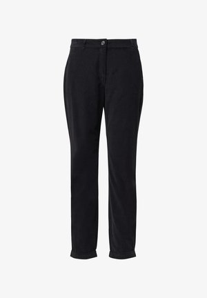 Pantaloni neri in cotone con taglio dritto, dotati di chiusura con bottone e risvolti. Tessuto liscio senza motivi o decorazioni visibili.