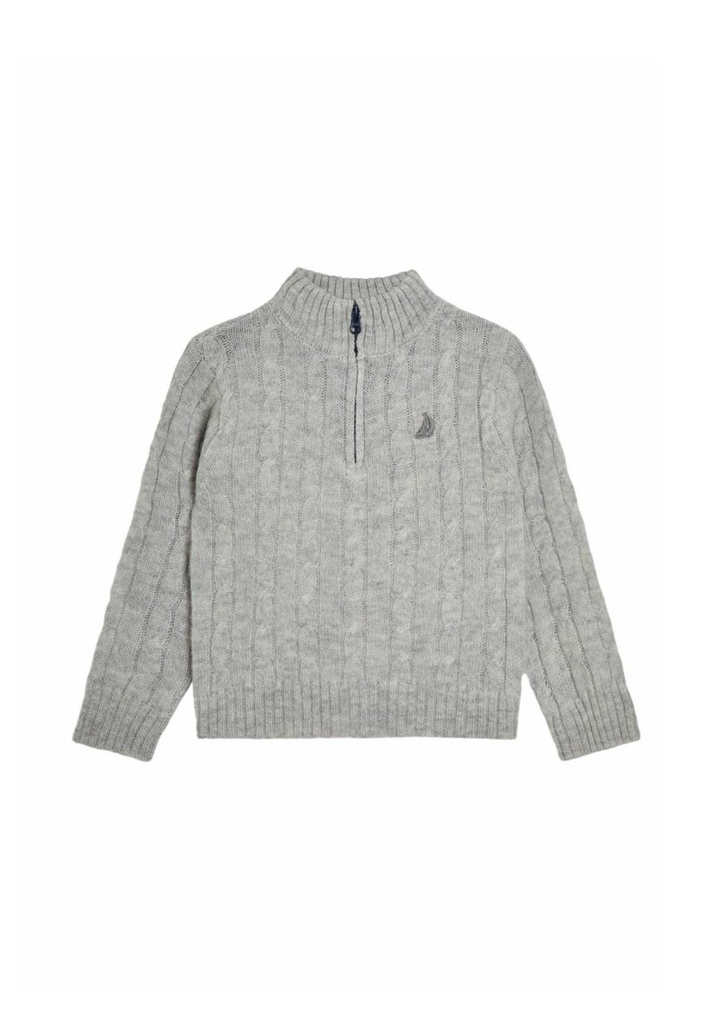 Pull gris clair en maille torsadée, manches longues, col côtelé, demi-fermeture éclair et petit logo brodé sur la poitrine.