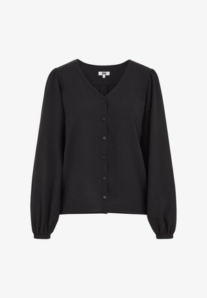 Črna bluzica z V-izrezom, dolgimi naborki in šestimi gumbi spredaj. Narejena iz teksturirane tkanine, z elastičnimi manšetami.