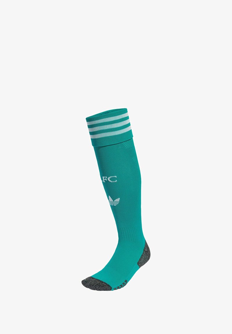 Green football sock with three white stripes at the top. Features a gray heel and toe, with printed logos on the front and side.