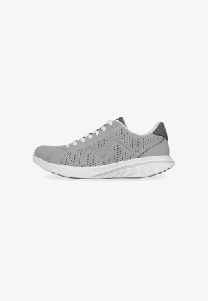 Gray athletic shoes with perforated upper, white laces, wavy accents, and a cushioned sole. Lightweight design, suitable for sports or casual wear.