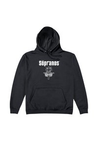 Černá mikina s kapucí, přední kapsou a stahovací šňůrkou, s grafickým textem "Söpranos" a designem kříže a koruny v bílé barvě.