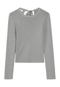 Szary sweter z długim rękawem i żebrowanym wzorem, z okrągłym dekoltem i detalem w postaci wiązania z tyłu. Posiada metaliczny akcent logo w pobliżu brzegu.