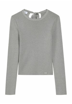 Szary sweter z długim rękawem i żebrowanym wzorem, z okrągłym dekoltem i detalem w postaci wiązania z tyłu. Posiada metaliczny akcent logo w pobliżu brzegu.