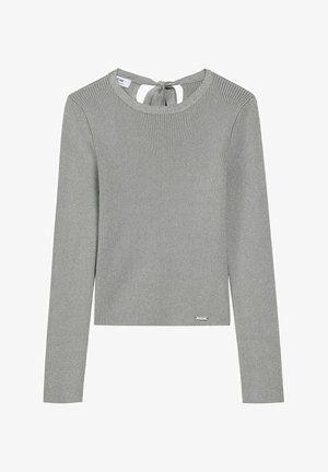 Szary sweter z długim rękawem i żebrowanym wzorem, z okrągłym dekoltem i detalem w postaci wiązania z tyłu. Posiada metaliczny akcent logo w pobliżu brzegu.