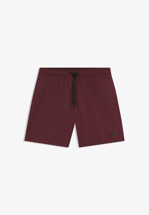 Bordeaux zwemshorts met een elastische tailleband, een trekkoordsluiting en een zwart "HUGO" logo aan de linkeronderzijde. Glad textuur.