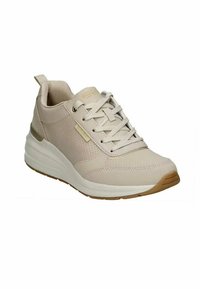 Scarpa sportiva beige con tomaia testurizzata, punta rinforzata e chiusura con lacci. Presenta una suola ammortizzata e dettagli in accento dorato.