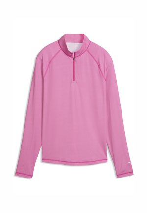 Różowa sportowa bluza z długim rękawem, półrozpinana z kołnierzem stójką, wykonana z teksturowanej, oddychającej tkaniny.