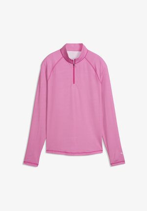 Langærmet pink atletisk pullover med halv lynlås og ståkrave, lavet af tekstureret åndbart stof.