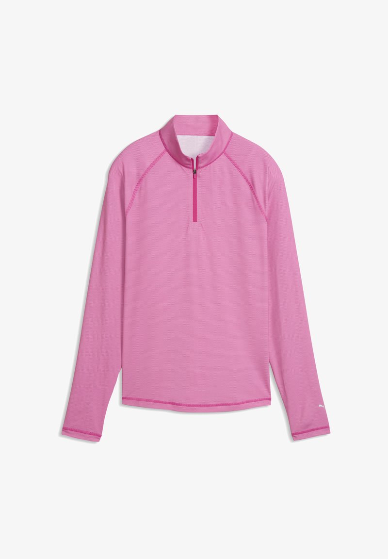 Pull-over sportif rose à manches longues avec demi-fermeture éclair et col montant, fabriqué en tissu texturé et respirant.