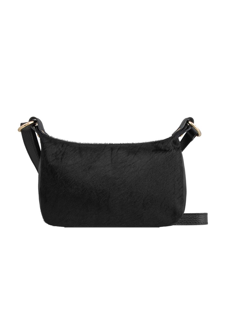 Borsa a tracolla in pelliccia sintetica nera con una texture liscia, dotata di una singola tracolla, dettagli in hardware dorato e forma rettangolare.