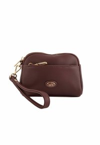 Burgundy leather pouch with textured surface, gold zipper, wrist strap, and a circular logo accent on the front. Compact and rectangular shape.