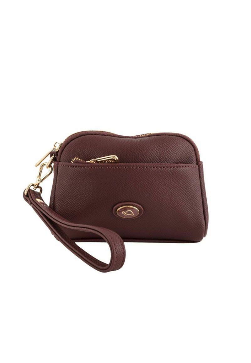 Burgundy leather pouch with textured surface, gold zipper, wrist strap, and a circular logo accent on the front. Compact and rectangular shape.