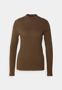 Bruine lange mouwen turtleneck top gemaakt van textuurstof; heeft een getailleerd ontwerp en geribbelde halslijn.