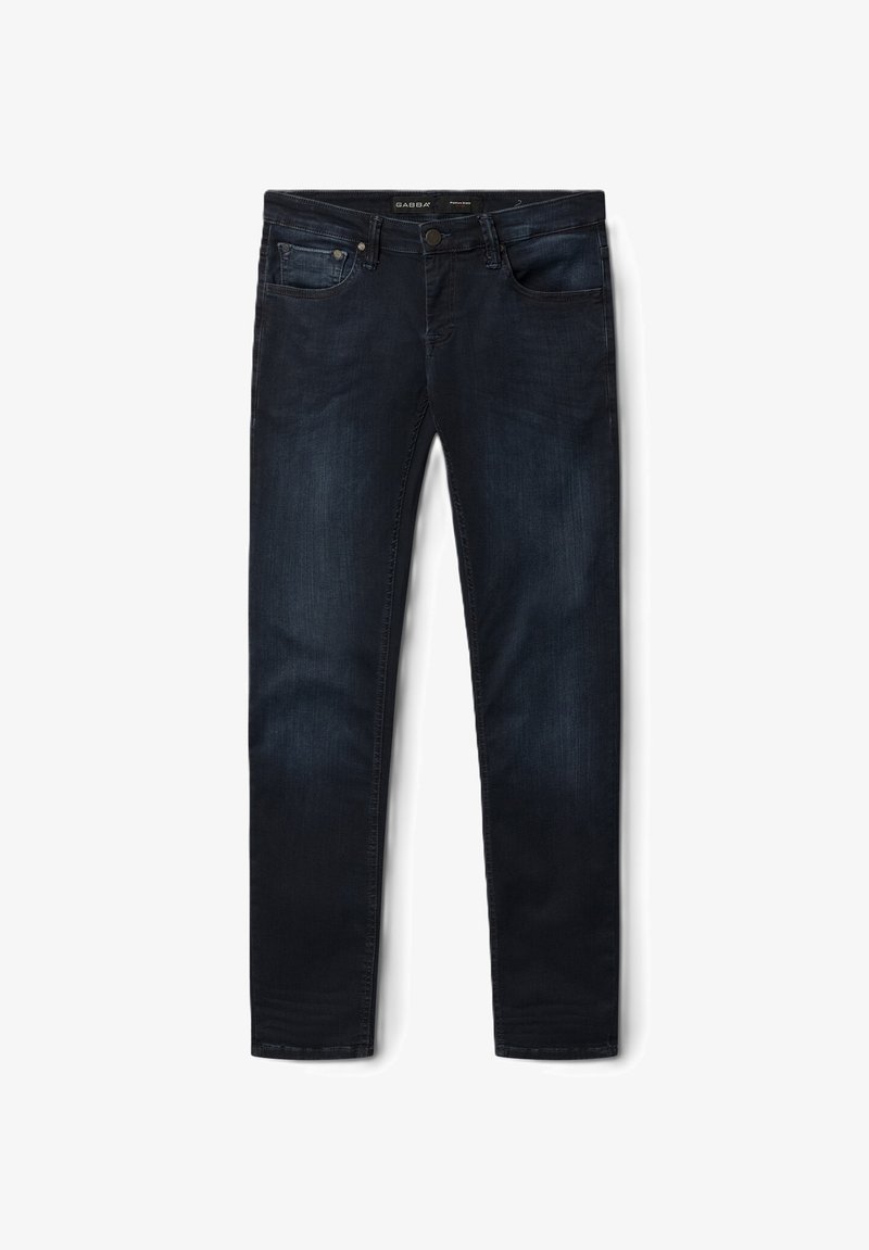 Temno modre ozke kavbojke iz bombažnega denima. Imajo sprednje žepe, zapenjanje na gumbe in subtilno bledenje na stegnih.