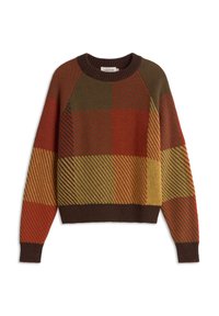 Maglione a collo alto in maglia con un design a blocchi di colore in ruggine, oliva, giallo e marrone, con polsini e orlo a costine. Motivo testurizzato su tutta la superficie.